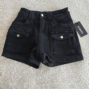 Aotasely Stretch Jean Shorts Mid Waisted Juniors XS Black Denim NWT Festival